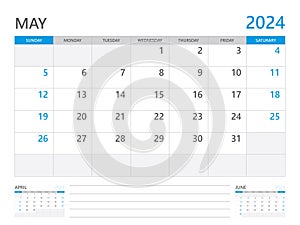 May 2024 year, Calendar planner 2024 and Set of 12 Months, week start on Sunday. Desk calendar 2024 design, simple and clean