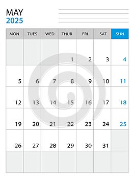 May 2025 - Calendar 2025 template vector illustration, week start on monday, Wall calendar 2025 design, Desk calendar template,