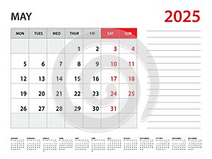 May 2025 year - Calendar 2025 template vector, week start on monday, Desk calendar 2025 year, Wall calendar design, corporate