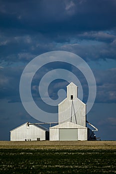 MAY 22,  2019, GREAT FALLS, MONTANA, USA - Grain Silo at sunset on road to Great Falls Montana