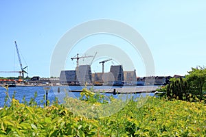 May 23 2022 - Copenhagen, Denmark: Holmen water bound neighbourhood in Copenhagen. Royal Naval Base and Dockyards