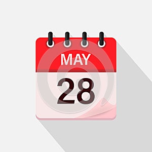 May 28, Calendar icon with shadow. Day, month. Flat vector illustration.