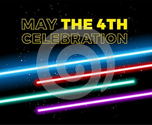 May the 4th be with you holiday celebration vector illustration with yellow text and lights on space background - vector