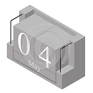 May 4th date on a single day calendar. Gray wood block calendar present date 4 and month May isolated on white background. Holiday