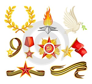 May 9 Russian holiday victory signs set. St. George Ribbon, Order of the Great Patriotic War, laurel wreath, quenchless