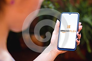 May 10, 2021, Brazil. In this photo illustration the Amazon Flex logo seen displayed on a smartphone screen