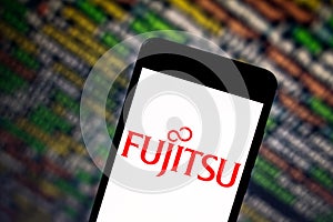 May 17, 2019, Brazil. In this photo illustration the Fujitsu logo is displayed on a smartphone