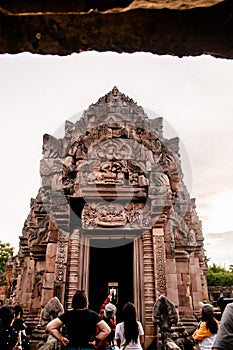 Carved stone facade Narai Bantomsin lintel of Phanom Rung castle in Buriram, Thailand