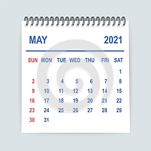 May 2021 Calendar Leaf. Calendar 2021 in flat style. Vector illustration.