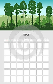 May Calendar Planner month. Minimalistic forest landscape natural backgrounds Spring. Monthly template for diary