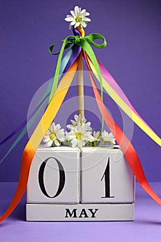 May Day, May 1, Calendar with Maypole and Multi Color Ribbons