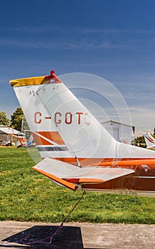 May 7, 2019 - Delta, British Columbia: Tail section of Cessna 150G single engine airplane at Delta Heritage Airpark.