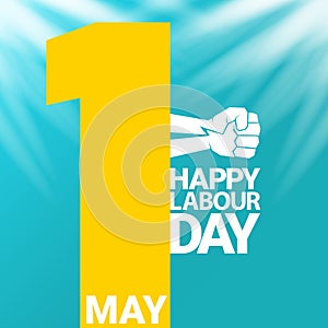1 may Happy labour day vector label with strong protest fist in the air on blue sky background with rays. vector happy photo