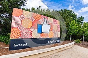 May 26, 2019 Menlo Park / CA / USA  - The Facebook Like Button sign located at the entrance to the company`s main headquarters