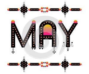 May month word art. Month name text. Ethnic style Aztec pattern vector. Yearly calendar illustration. Label for greeting cards.