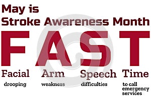 May is National Stroke Awareness Month. Stroke symptoms. Mnemonic concept. Template for background, banner, card, poster