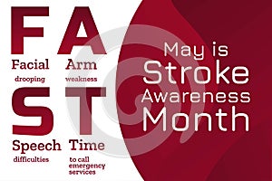 May is National Stroke Awareness Month. Stroke symptoms. Mnemonic concept. Template for background, banner, card, poster