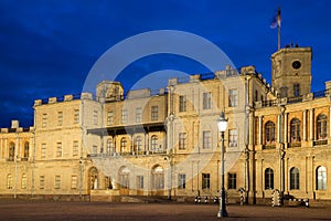 May night at the entrance to the Grand Gatchina Palace. Gatchina, Russia