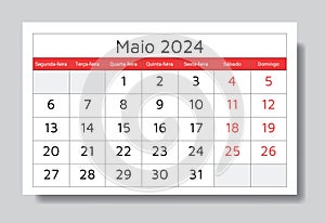 May 2024 portuguese calendar (Maio). Vector illustration. Monthly planning for business in Portugal photo