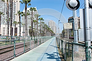 Train tracks for the San Diego trolley as well as Amtrak passenger trains and freight trains that run