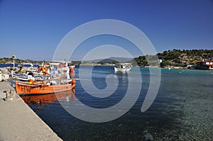 May 10, 2013 - Small bright fishing boats stand in the greek seaport