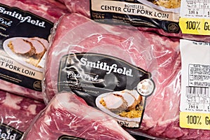 May 21, 2020 Sunnyvale / CA / USA - Smithfield Fresh Pork packages for sale in a supermarket;  Smithfield Foods, Inc., a pork