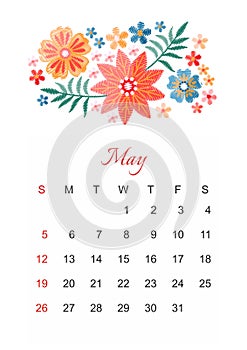 May. Vector calendar template for 2019 year with beautiful composition of embroidery flowers.