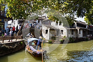 April 2017 - Zhouzhuang, China - tourists crowd Zhouzhuang water Village near Shanghai