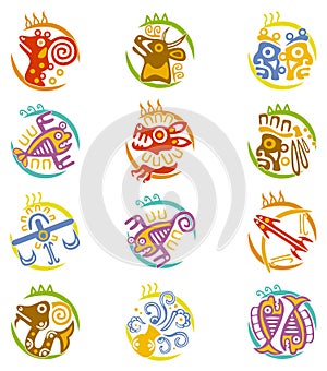 Maya art stylized zodiac signs