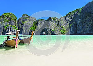 Maya Bay beach with two longtail boats, Ko Phi Phi Leh Island, T