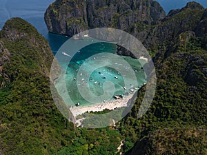 Maya Bay Tropical Beach in Thailand. Aerial View