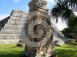 Maya Chichen Itza ruins close up stone head in Yucatan, Mexico