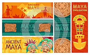 Maya civilization banners. Ancient Mayan calendar, pyramids and Mesoamerican traditional artifacts vector design