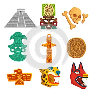 Maya civilization ethnic symbols set, American tribal culture elements vector Illustration on a white background