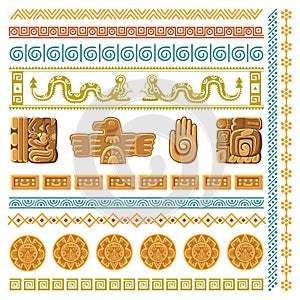 Maya civilization graphics patterns. Aztec decoration elements frames and borders, inca ancient art symbols and