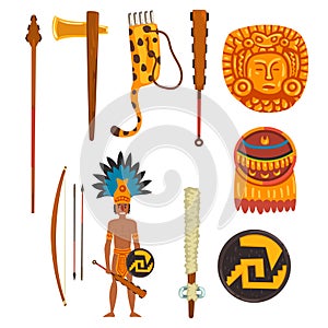 Maya civilization symbols set, ancient American tribal culture elements vector Illustration on a white background