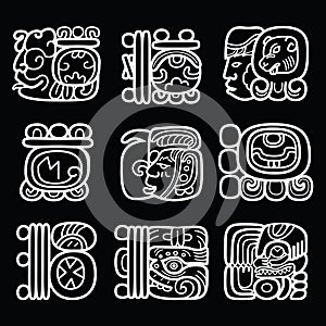 Maya glyphs, writing system and language vector design on black background