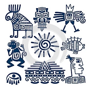 Maya or inca blue totem icons