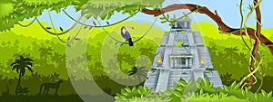 Maya jungle pyramid vector background, green tropical panoramic landscape, palm silhouette, vine, toucan.