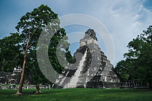 The Maya pyramid `Temple of the great jaguar` at the archaeological site of Tikal, Peten, Guatemala