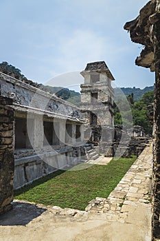 Maya temple ruins with palace and observation tower in tropical forest, Palanque, Chiapas, Mexico