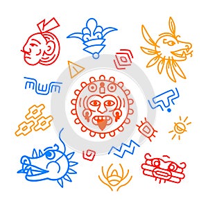 Maya tribal signs - colorful line design style illustration set