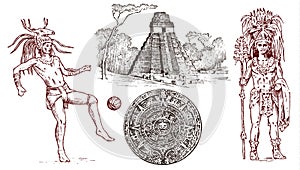 Maya Vintage pyramid, portrait of a man, traditional costume, calendar and decoration on the head. Native Aztec culture