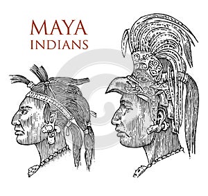 Maya Vintage style. Aztec culture. Portrait of a man, traditional costume and decoration on the head. Native tribe