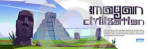 Mayan civilization cartoon web banner with statues