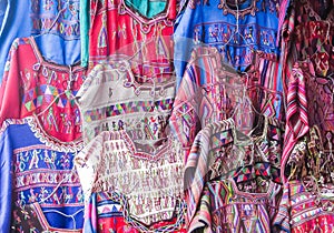 View of Mayan clothing for sale at the traditional market  on the city Chichicastenango of   Guatemala. Central America photo