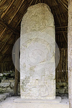 Mayan glyphs on a stone stele