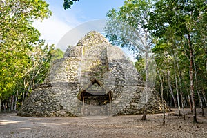 Mayan observatory in Coba Observatorio astronomico de Coba. Ancient building in archeological site. Travel photo. Mexico. Yucata