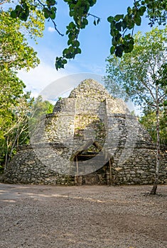 Mayan observatory in Coba Observatorio astronomico de Coba. Ancient building in archeological site. Travel photo. Mexico. Yucata photo