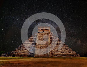 Mayan Pyramid of Kukulcan El Castillo in Chichen Itza at Night
